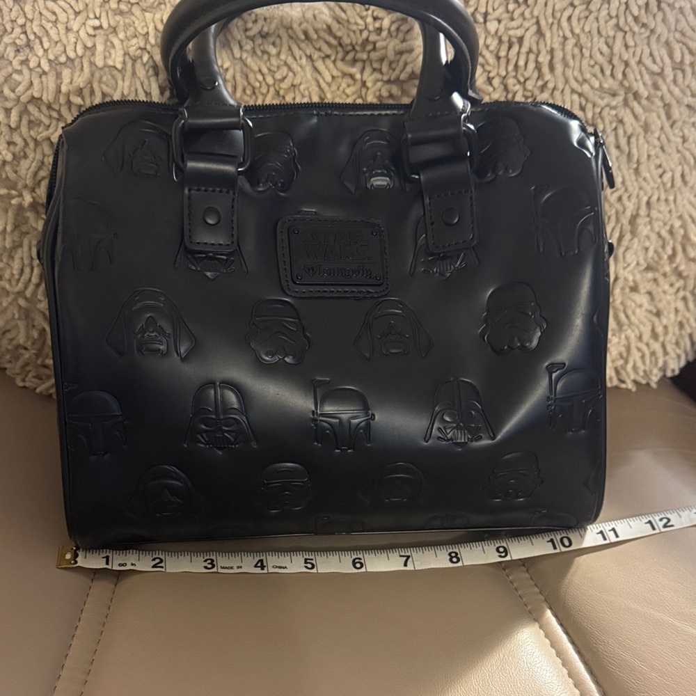 Star Wars Loungefly Mandelorian Black Embossed Barrel Satchel with Iconic Design